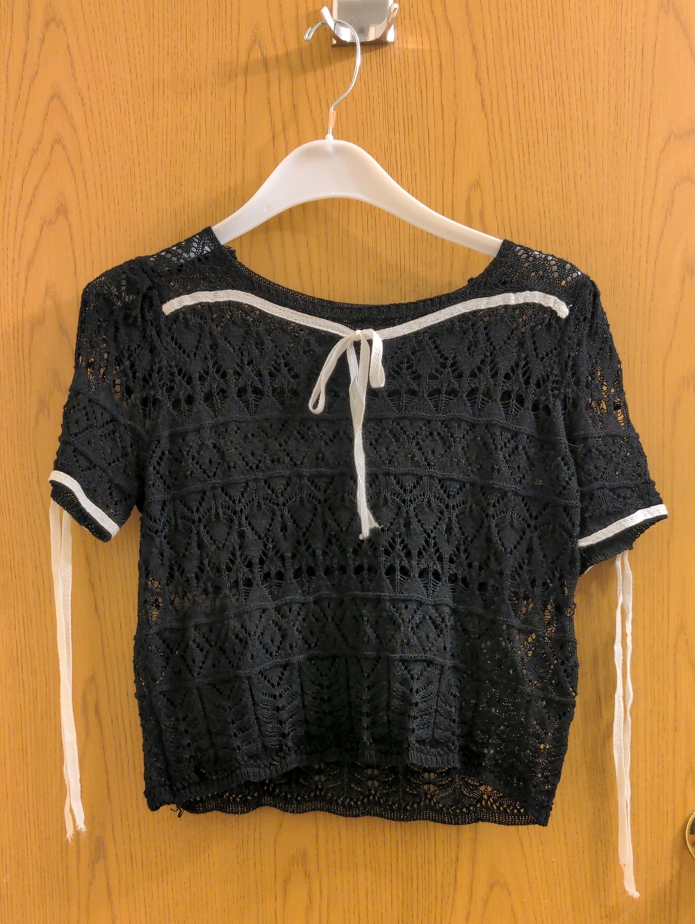 Black Crochet/Knot Tie-Front Women's Top with White Trim